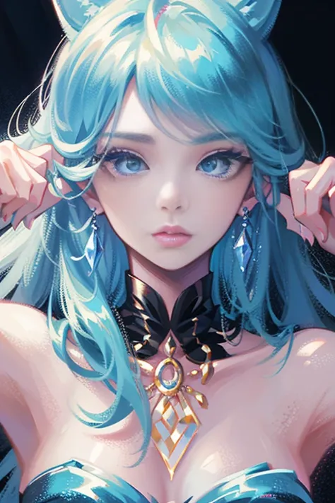 Deep Sea Mermaid，Cyan Fish Tail，Gveiz，fantasy art style, Beautiful fantasy maiden，Exquisite and perfect facial features，Beautiful and delicate eyes，Long eyelashes，Delicate eyeliner，blue eyes，Dark pupils，There is a bright spot in the eye，Almond Eyes，Beautif...