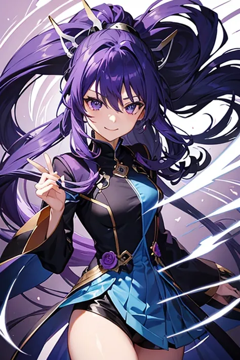 Blue-purple hair, Ridiculously long hair, Hair between the eyes, High Ponytail, purple eyespurple suit, Anime Color,seductive smile