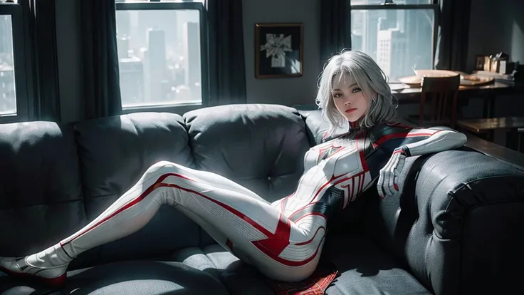 (Extreme Detail CG Unity 8K wallpaper, masterpiece, highest quality), (Exquisite lighting and shadow, highly dramatic picture, Cinematic lens effect), a girl in a white Spider-Man costume, silver gray hair color, from the Spider-Man parallel universe, Weng...