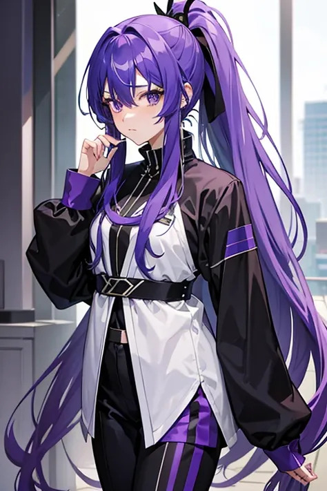 Blue-purple hair, Ridiculously long hair, Hair between the eyes, High Ponytail, purple eyespurple suit, Anime Color,embarrassed,