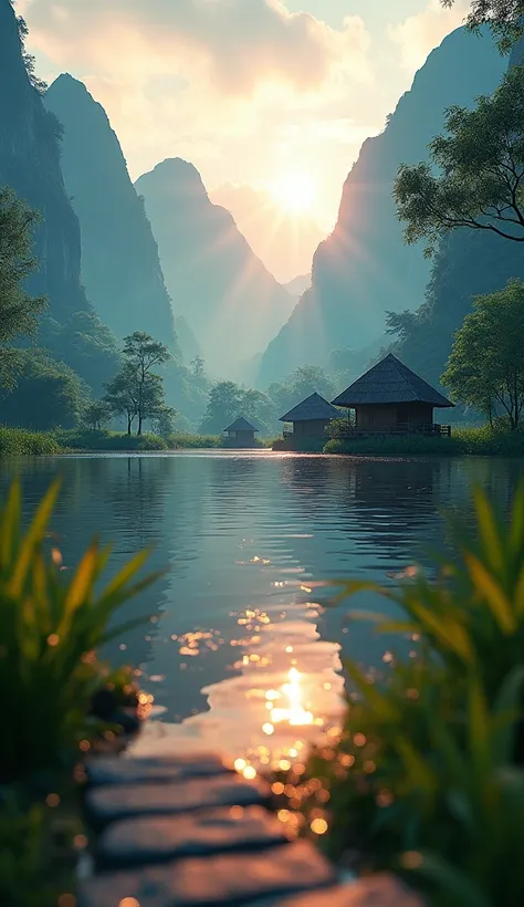 A 8k ultra-high-definition image of a photorealistic double exposure of a mystical glow over a vibrant landscape in Banjarmasin. The background showcases a serene landscape with a calm lake reflecting the towering mountains, lush greenery, and a few tradit...