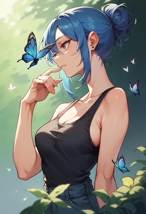 A girl in a butterfly ears, with a black and blue hair and a black tank top