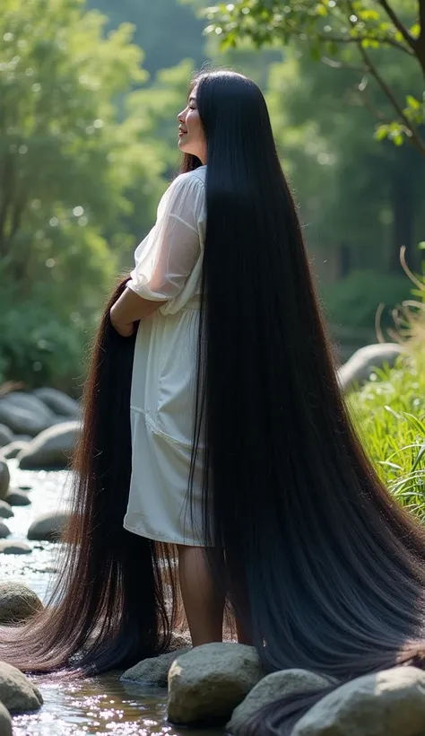 Naked Japanese old women,((full body shot from hair to feet)),),(NSFW),with a very large hair, shiny black hair, about 8 meters long hair, length knee hair,very shiny hair, loose hair filling the entire ground, the ground is full of her long hair , ((both ...