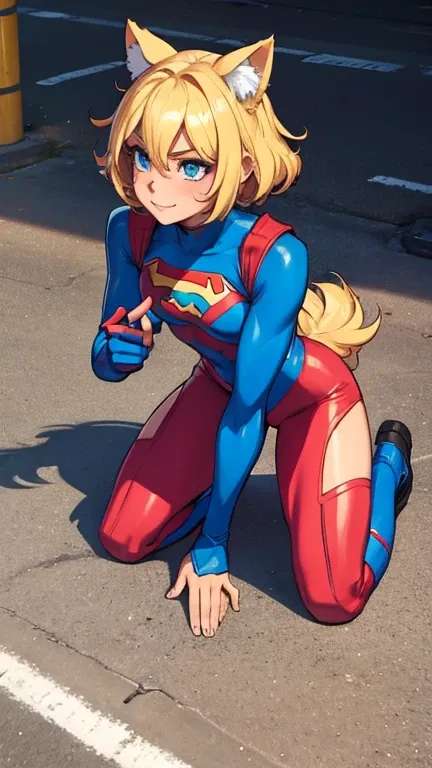 Femboy, cutesy, superhero costume, happy,kneeling on the ground,Mid-ground character