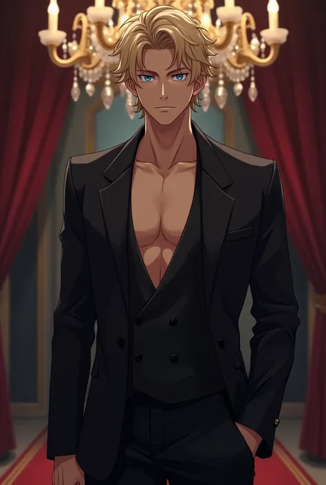 Tall, handsome, stately, courageous, young, attractive Prince of hell with short curly golden hair, clear blue eyes. he is wearing a black branded suit, tanned skin is visible through an unbuttoned shirt, a pumped-up body, he is handsome and knows it, is p...