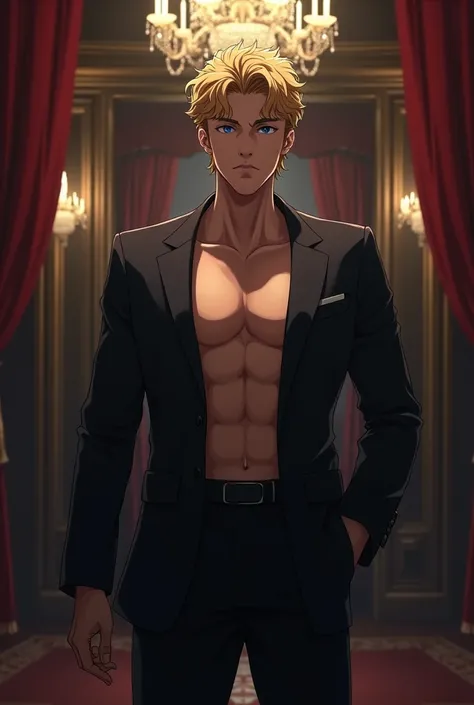 Tall, handsome, stately, courageous, young, attractive Prince of hell with short curly golden hair, clear blue eyes. he is wearing a black branded suit, tanned skin is visible through an unbuttoned shirt, a pumped-up body, he is handsome and knows it, is p...