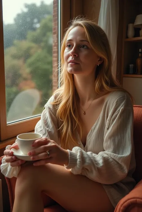 A woman drinking coffee by the window, steam rising in an autumn landscape, rain falling outside the window, detailed facial features, beautiful eyes, realistic, photorealistic, 8k, best quality, masterpiece, ultra-detailed, realistic lighting, cinematic, ...