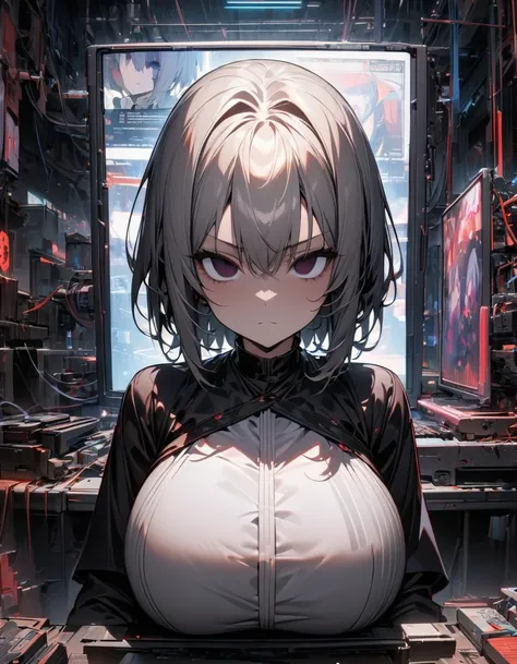 ( girl in display ), in computer, AI, ( empty eyes, ), (expressionless face, ), (point of viewer), (absurdres, masterpiece, best quality, ultra detailed), japanese, (huge breasts), serious, cool, 