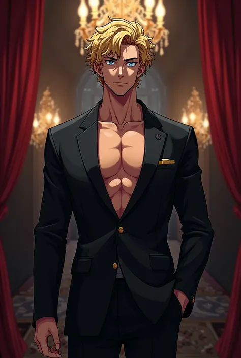 Tall, handsome, stately, courageous, young, attractive Prince of hell with short curly golden hair, clear blue eyes. he is wearing a black branded suit, tanned skin is visible through an unbuttoned shirt, a pumped-up body, he is handsome and knows it, is p...