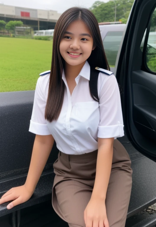 Cute Girl, fifteen years old, cute indonesian face, brown skin, innocent, happy, sexy pose, cops, full body, police uniform, HD resolution, high quality