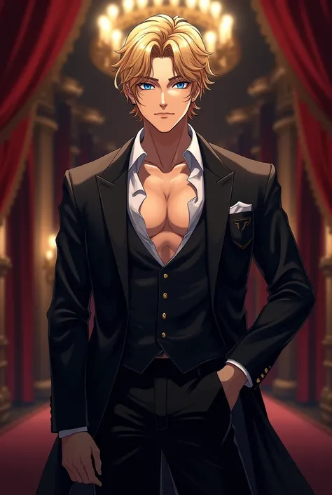 Tall, handsome, stately, courageous, young, attractive Prince of hell with short curly golden hair, clear blue eyes. he is wearing a black branded suit, tanned skin is visible through an unbuttoned shirt, a pumped-up body, he is handsome and knows it, is p...