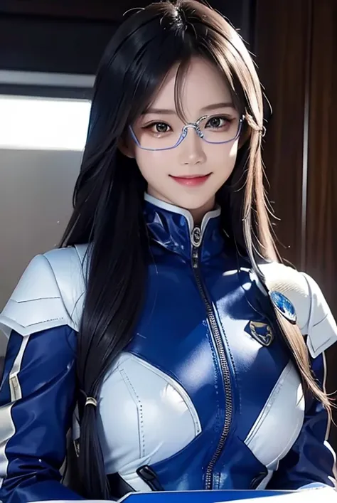 A woman smile, blue ranger suit, as she power rangers blue, long hair, high detailed, realistic, gloves, ultra realistic, ((smart glasses eyes and smile)),