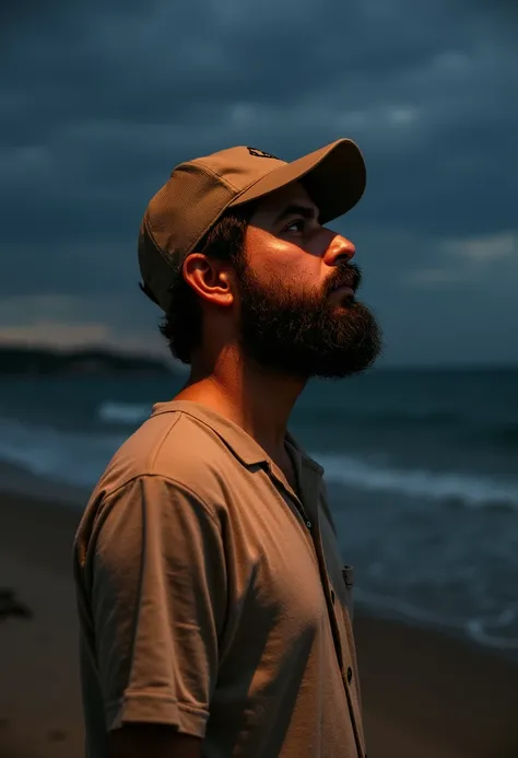 (photorealism:1.2) man, He wears a cap and a painting shirt, near the beach, soft lighting, deep sea, neck turn, realistic, intricate details, warm colors, French style beard, calvo, Dark night without a visible face 