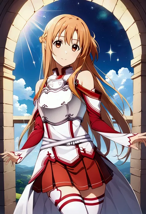 yuuki asuna, yuuki asuna sao costume、white armor、white breastplate、red pleated skirt、white isolated sleeve、bare shoulders、white ...