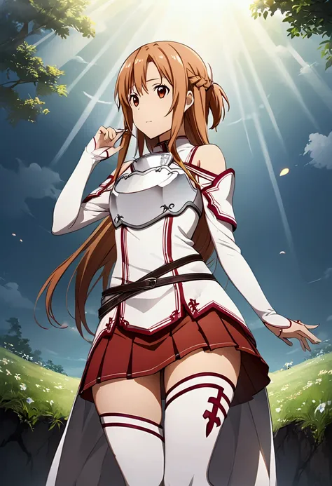 Yuuki Asuna, Yuuki Asuna SAO costume、White Armor、White breastplate、Red pleated skirt、White isolated sleeve、Bare shoulders、White thigh-high socks, Best Quality、unity 8k wallpaper、32K、Very detailed、Ultra-high resolution、Very detailedな顔、RAW Photos、professiona...