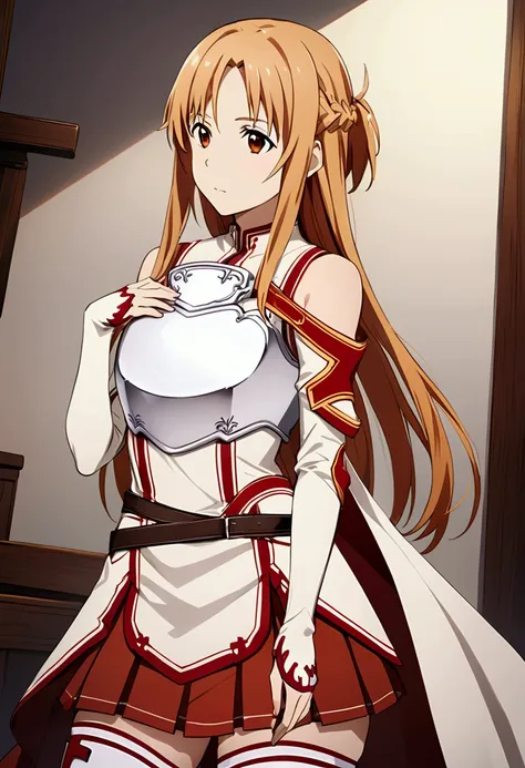 yuuki asuna, yuuki asuna sao costume、white armor、white breastplate、red pleated skirt、white isolated sleeve、bare shoulders、white ...