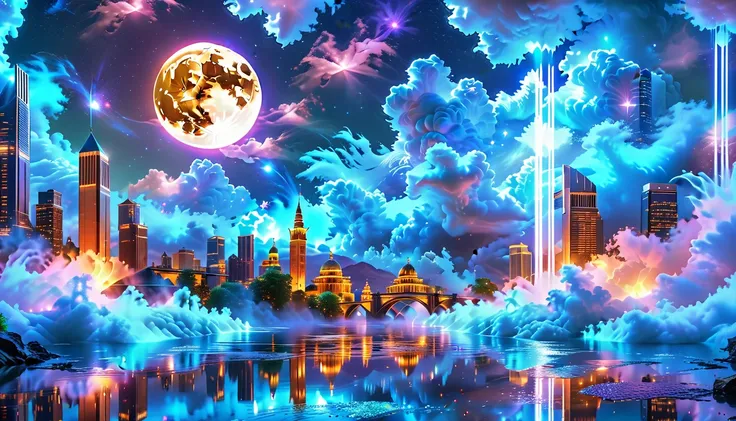 A Masterpiece In 32K Resolution, Supreme Quality, Super Detail, Official Art, Very High-Resolution 32K Wallpaper, Beautiful And Aesthetic, Ultra-Detailed Features, Awe-Inspiring Detail. An Enchanted Moonlit City-Towers Glitter Under The Light Of The Full M...