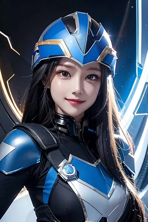 A woman smile, blue ranger suit, as she power rangers blue, helmet mask, long hair, high detailed, realistic, gloves, ultra realistic, ((full helmet and black mirror glass on eyes)),