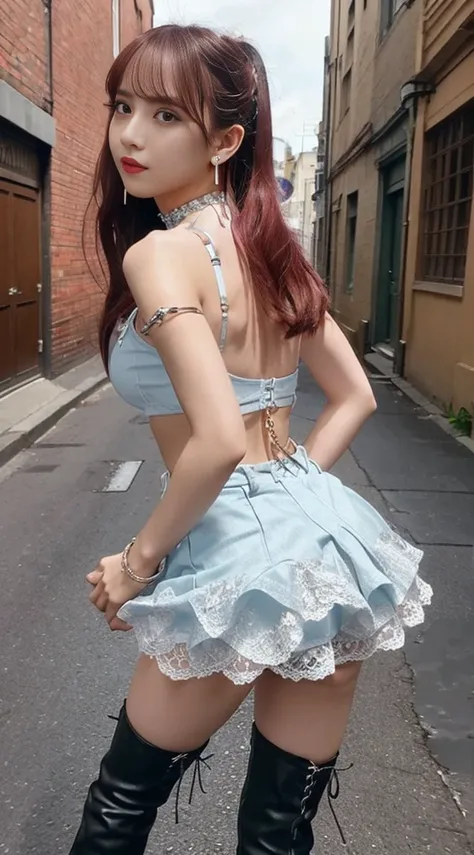 (8k、RAW Photos、Best Quality、masterpiece:1.2)、(Realistic、Realistic)、1 girl、((Lace-up bra、Light blue mini skirt、Very small breasts:1.3、Thigh-high boots、View from the front、Stand with your feet apart、Downtown back alley))、((Lace-up))、Lots of eyelashes、Add shi...