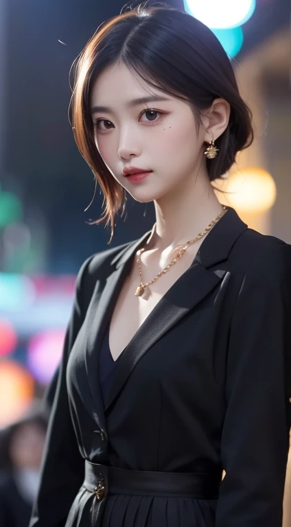 (masterpiece, Best Quality:1.2), 8k, 85mm, official art, RAW Photos, Absurd, Violet, Rosacea, Gardenias, beautiful girl, Beautiful Face, close, Upper Body, Tighten your waist, Black tailored clothing, Suit jacket, V-neck shirt, Watch the audience, (Clevis:...