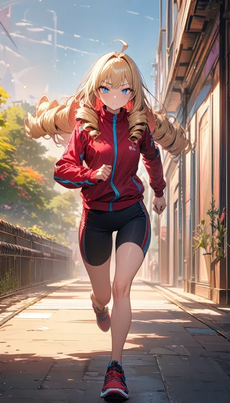 woman,, View your viewers, Long Hair, Ahoge, blonde, Drill Hair, blue eyes, Slanted Eyes, Serious face, Maroon zippered sportswear, jogging, Park walkway background、Speedy Shot, Masterpiece, detailed, ultra detailed, hyper detailed, insanely detailed, Exqu...