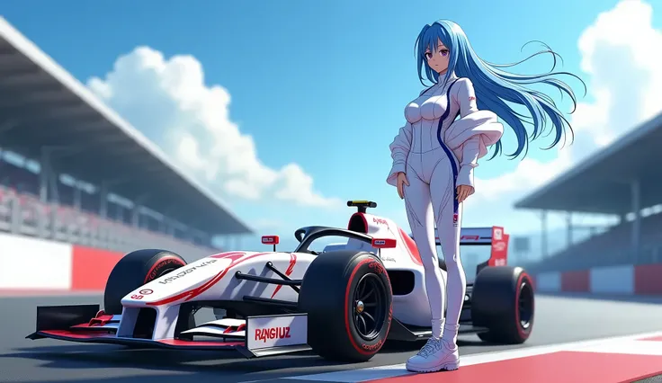 Race track,Realistic Characters（2：0）,Adult Rei Ayanami,Blue long hair shawl,Big breasts,Perfect body,Wearing white racing suit,Standing next to the Lightning Bolt Car,best quality, Ultra HD, HD model, high detail, hyper-realistic, 