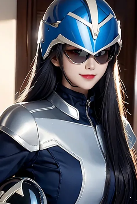 A woman smile, blue ranger suit, as she power rangers blue, helmet mask, long hair, high detailed, realistic, gloves, ultra realistic, ((full helmet and black sunglass on eyes)), sunglass eyes with helmet 