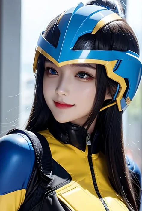 A woman smile, blue ranger suit, as she power rangers blue, helmet mask, long hair, high detailed, realistic, gloves, ultra realistic, ((full helmet and black sunglass on eyes)), sunglass eyes with helmet 