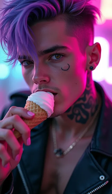 A close-up of a sensual young man, sonrrisa sensual,with an ice cream in one hand bringing it close to his mouth, with a tattoo on the arm and cheek cyberpunk hairstyle with a lock of violet hair, beautiful cyberpunk boy, beautiful cyberpunk boy face, , 8k...