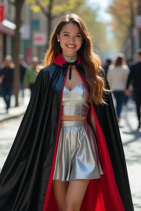 full length portrait , ankle length flowing high collar shiny black and red lined cape tied at the neck:1.20, ((delicate and beautiful:1.10)) , ((perfect face :1.1)) , (detailed eyes:1.10), beautiful smiling young woman in her 20s, long hair with highlight...