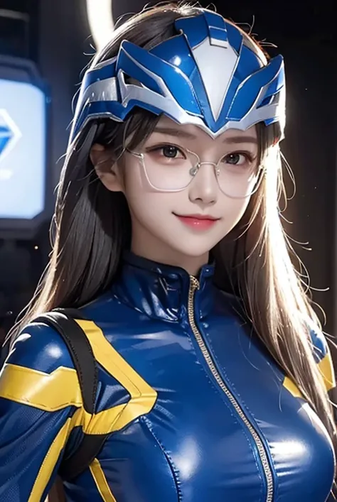 A woman smile, blue ranger suit, as she power rangers blue, helmet mask, long hair, high detailed, realistic, gloves, ultra realistic, ((full face helmet)), glasses on eyes