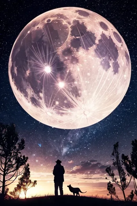 Best Quality,Big moon and shadow,A silhouette of a person can be seen against the backdrop of a large moon.,There is one full moon,There is a mood,Beautiful scenery,Starry Sky