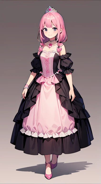 (((Best Quality))) , woman, Reference Sheet, Alone, (((full body))), (((contrasted))), middle hair, smile, pink hair, princess, 10years old, cute, princess dress, dress　