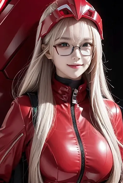 A woman smile, red ranger suit, as she power rangers red, helmet mask, long hair, high detailed, realistic, gloves, ultra realistic, ((full face helmet)), black glasses on eyes