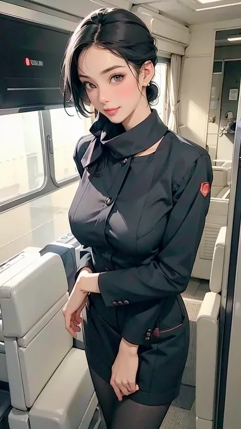 (1girl, solo:1.3, seductive sexy woman, 29yo), (Stewardess, (black mini pencil-skirt), pantyhose ), (standing), clear skin, slim, scarf, black sleek updo, [smile:0.7], saggy huge breasts, airport, high heels, facing view, (best quality, realistic, highres)...