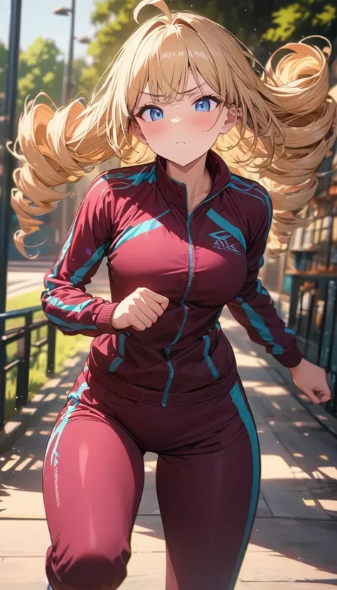 woman,, View your viewers, Long Hair, Ahoge, blonde, Drill Hair, blue eyes, Slanted Eyes, Serious face, Maroon zippered sportswear, maroon sportswear pants、jogging,Upper Body、 Park walkway background、Speedy Shot, Masterpiece, detailed, ultra detailed, hype...