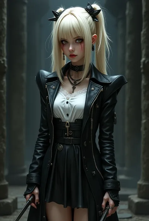 (masterpiece), (High resolution), (Full body portrait), （Cyberpunk）、Blonde、Black and white outfit、Alice in Wonderland motif、 Dark Atmosphere, Creepy Appearance, Distinctive hairstyle, Creative Accessories, Unique atmosphere,A Little Nightmare、Holding a kni...