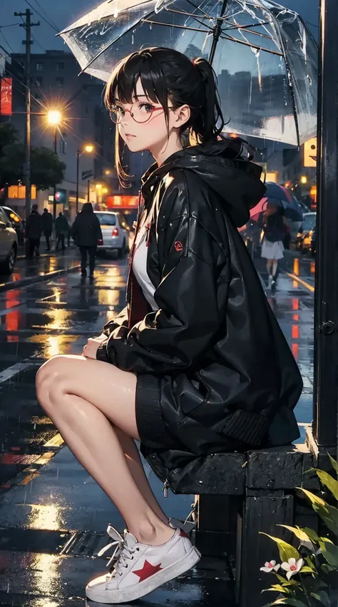 person in the rain with an umbrella anime girl with glasses and a jacket, girl with glasses, glasses anime, anime girls, person anime girls, animes on pc, anime artwork, girl with glasses, kawaii art, cute art, anime, 1girl, solo, glasses, shoes, hood, blu...