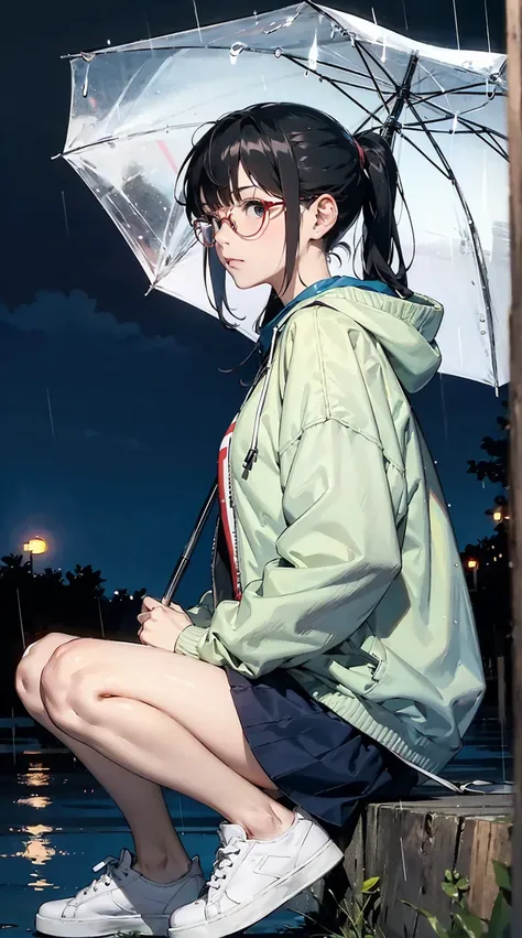 person in the rain with an umbrella anime girl with glasses and a jacket, girl with glasses, glasses anime, anime girls, person anime girls, animes on pc, anime artwork, girl with glasses, kawaii art, cute art, anime, 1girl, solo, glasses, shoes, hood, blu...