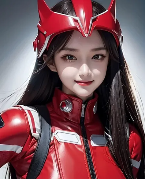 A woman smile, red ranger suit, as she power rangers red, helmet mask, long hair, high detailed, realistic, gloves, ultra realistic, ((full face helmet)), black shield sunglasses on eyes,