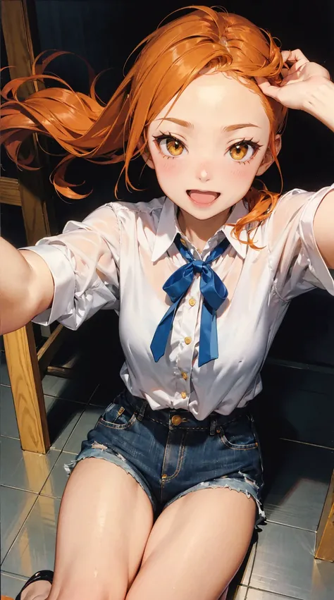 Selfie, , Puffy shorts, smile, open mouth, Kaoru Ryuzaki, 1girl, orange hair, forehead, yellow eyes,ryuzaki_kaoru_theidolmastercinderellagirlsu149