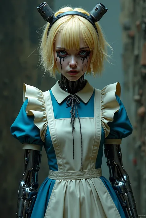 (masterpiece), (High resolution), (Full body portrait), （((Cyberpunk))）、Blonde、Blue and white outfit、Alice in Wonderland motif、 Dark Atmosphere, Creepy Appearance, Distinctive hairstyle, Creative Accessories, Unique atmosphere,A Little Nightmare、Black mucu...