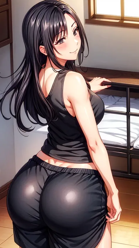 1milf, long slighty black hair, (wearing a black tanktop & white short), full body, hot pose, smile face, from behind, looking back, in room, sweating, exhausted, 