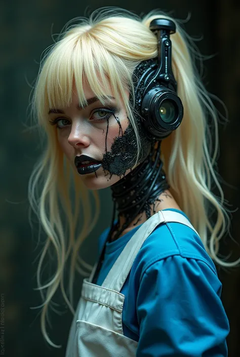 (masterpiece), (High resolution), (Full body portrait), （((Cyberpunk))）、Blonde、Blue and white outfit、Alice in Wonderland motif、 Dark Atmosphere, Creepy Appearance, Distinctive hairstyle, Creative Accessories, Unique atmosphere,A Little Nightmare、Black mucu...