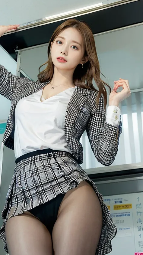 Standing on a crowded train、beautiful tall female teacher，，Long legs and big breasts visible on the chest. view from below. pantyhose. summer uniform. Plaid pleated skirt. Korea idol twice chou tzuyu