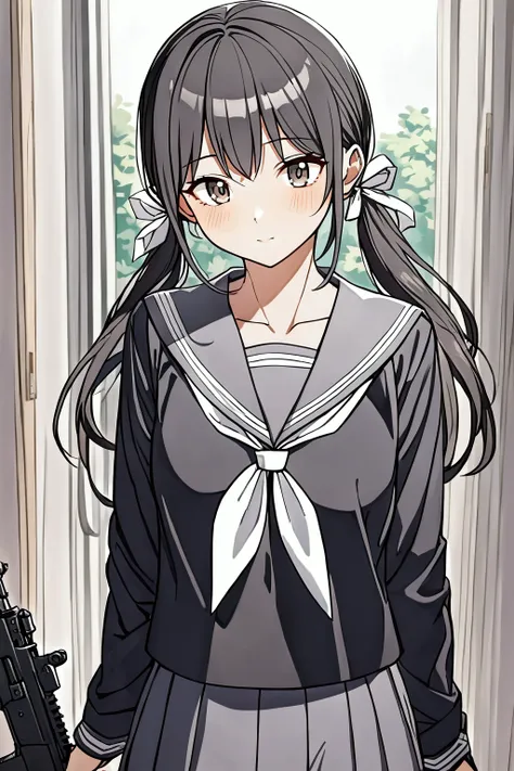 High resolution, 8k, best quality, masterpiece, ultra detailed, anatomically correct, masterpice anime, hentai, game title image,
1girl, walking, holding a MP5 submachine gun, 15yo, curiosity face,
(black hair, white ribbons long (low:1.2) tiwntails:1.2), ...