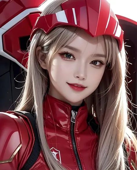 A woman smile, red ranger suit, as she power rangers red, leader from power rangers, helmet mask, long hair, high detailed, realistic, gloves, ultra realistic, ((full face helmet)), black shield sunglasses on eyes,