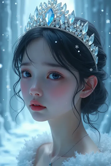 The crystal tiara on her head is super detailed and sparkles gorgeously.、The Crying Girl in the Crystal Castle, In a very cold winter, Detailed face, Beautiful detailed eyes, Beautiful detailed lips, Highly detailed eyes and face, Long eyelashes, Porcelain...