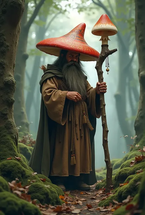 Druid nature tatar dwarf in robe with amanita hat and staff