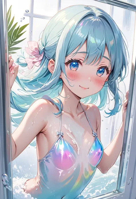 asterpiece, best quality, extremely detailed, (illustration, official art:1.1), 1 girl ,(((( light blue hair)))), , ((iridescent...